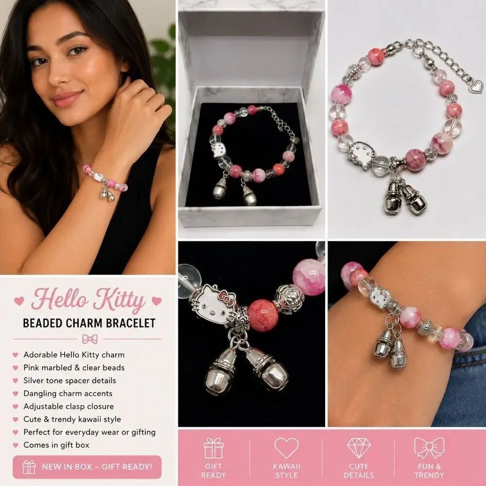 Hello Kitty Charm Beaded Bracelet Pink Kawaii Jewelry